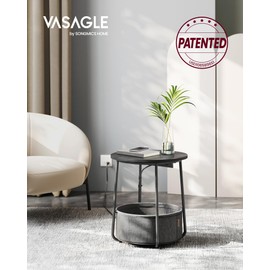 VASAGLE LILEA Collection - Side Table with Charging Station, Round End Table with Fabric Basket, Nightstand with USB Ports, for Living Room, Bedroom, Modern, Ebony Black and Slate Gray ULET228B01