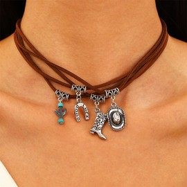 colobublie Cowboy Boot Hat Leather Choker Necklace Western Style Boho Charm Layered Silver Texas Boots Hats Horse Shoe Turquoise Cactus Flower Pendant Necklace for Women Country Cowgirl Jewelry Gifts,
