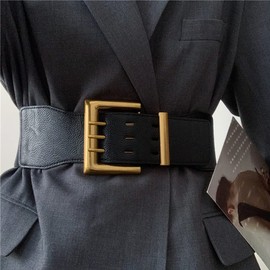 3 Rows Womens Elastic Leather Waist Belt for Dress Wide Stretchy Straps Gold Buckle, Black, Waist Size 28"-38"