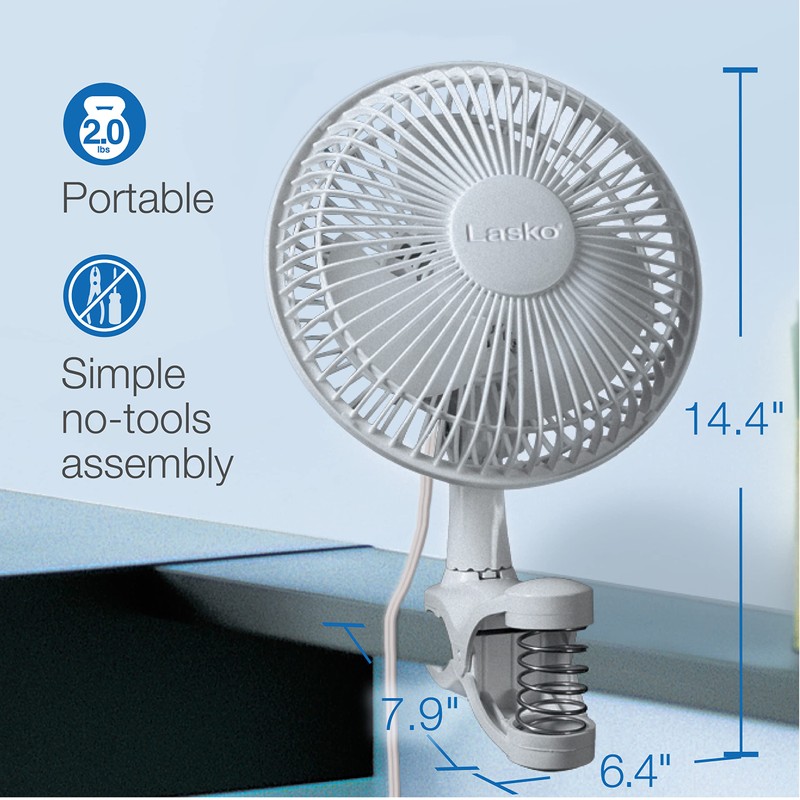Lasko 2004W Portable 6-Inch Personal Clip Fan with 2 Speeds,
