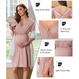 Ekouaer Labor/Delivery/Hospital Gown Short Sleeve Maternity Nursing Nightgown with Button Pregnancy Clothes Mauve S