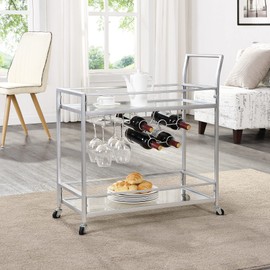 FirsTime & Co. Silver Delilah Bar Cart, 2 Tier Mobile Mini Bar, Kitchen Serving Cart and Coffee Station with Storage for Wine and Glasses, Metal and Glass, Modern