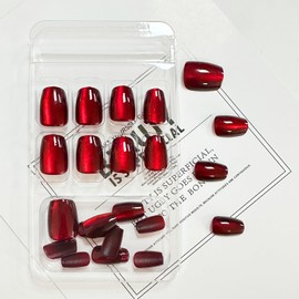 Red Cat Eye Press on Nails Short Square Fake Nails Glitter False Nails with Design Bling Glossy Glue on Nail Wine Red Gradient Acrylic Shiny Artificial Stick on Nail for Women Manicure 24Pcs