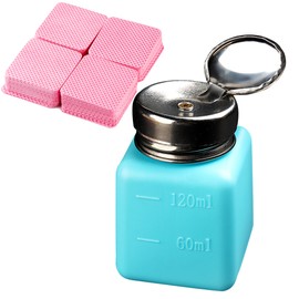 FSpronail Pump Bottle Dispenser 120ml Nail Polish Remover Pump Metal Push Down Pump Dispenser 200Pcs Lint Free Nail Wipes Alcohol Dispenser Eye Makeup Remover Pump Push Down Empty Bottle -Blue