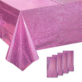 PKNOON Plastic Table Cloth 4 Pack Table Cloths for Parties Pink Sequin Foil Tablecloths Iridescence Plastic Tablecloths Disposable Table Cover for Baby Shower Wedding Birthday Decorations 54"X 108"