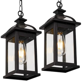 Darkaway Outdoor Pendant Light Fixture Lantern, Hanging Porch Light with Glass Aluminum Outdoor Pendant Lights for Porch, Patio, Entryway (2 Pack, Black)