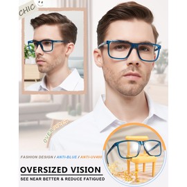 MARE AZZURO Blue Light Blocking Reading Glasses 3.00 Men Oversized Computer Readers 100 125 150 175 200 225 250 275 300 350 400 500 600 (Blue, 3.0)