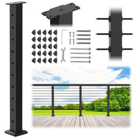PLANTOP 35"x2"x2" Stainless Steel Cable Railing Post, Black Top Mount Level Line Post with Grommets for Deck Railing Systems, Indoor & Outdoor Use, MY08-L