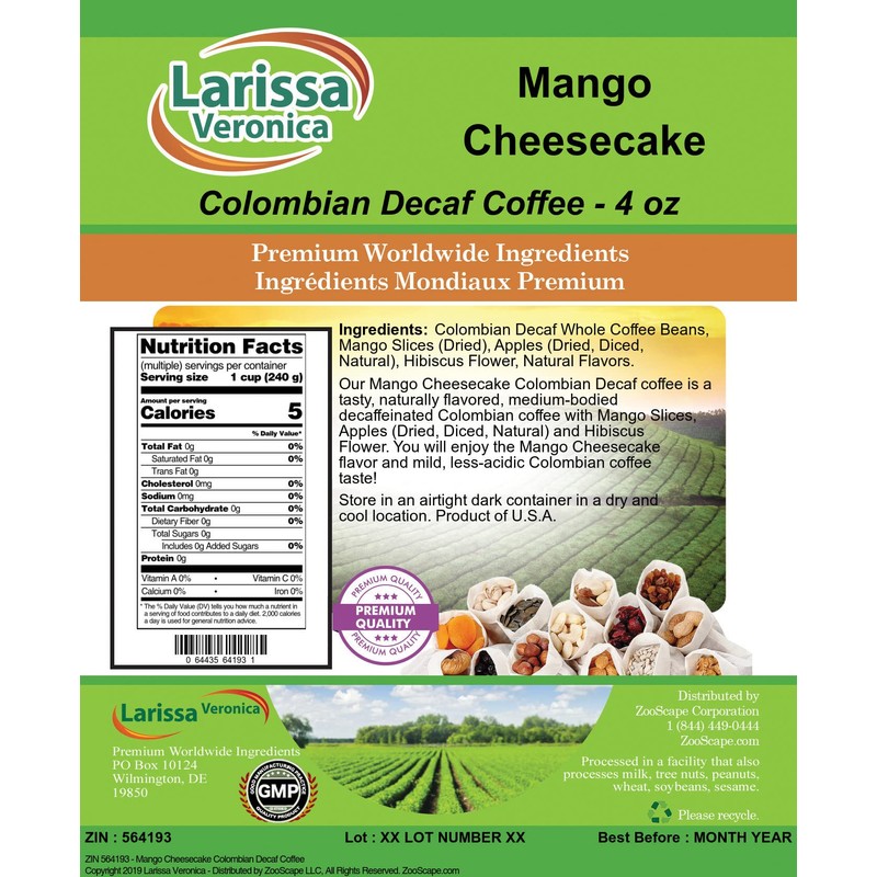 Mango Cheesecake Colombian Decaf Coffee (Gourmet, Naturally Flavored, Whole Coffee