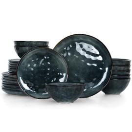 Famiware Dinnerware Sets for 8, Ocean Round 24-Piece Kitchen Plates and Bowls Sets, Microwave and Dishwasher Safe, Scratch Resistant, Deep Forest