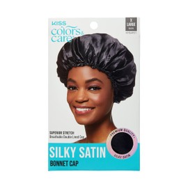 KISS COLORS & CARE Silky Satin Bonnet Cap, XL, Protective, Gentle Fabric & Slip-Free Elastic Band, For Most Hair Types - Overnight Wear, Breathable, Stylish Sleep Cap, Black