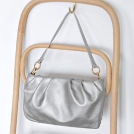 Women Ruched Shoulder Handbag Cloud Pouch Hobo Bag Convertible Clutch Soft Vegan Leather Cross body Bag (Silver)