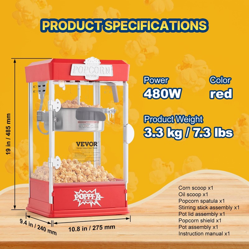 VEVOR Popcorn Maker, 480W Popcorn Popper Machine, 4 Oz Kettle