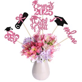 12 PCS 2025 Graduation Centerpiece Sticks Diploma Grad Cap Class of 2025 Table Flower Centerpieces So Proud of You Done Congrats 2025 Floral Decorations for 2025 Graduation Theme Party Supplies Pink