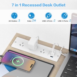 Recessed Power Board with 3 Outlets 4 USB Ports (2×USB-C, 2×USB-A), 10A/2400W, 2M Extension Cord, Space-Saving Drawer Outlet Flush Mount Power Strip for Desk, Home Office (White)