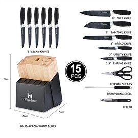 Knife Set with Block - Howashin 15 Pieces Knife Set with Sharpener, Razor Sharp - Anti-slip Handle - German Stainless Steel Black Knife Block Set, with Gift Box