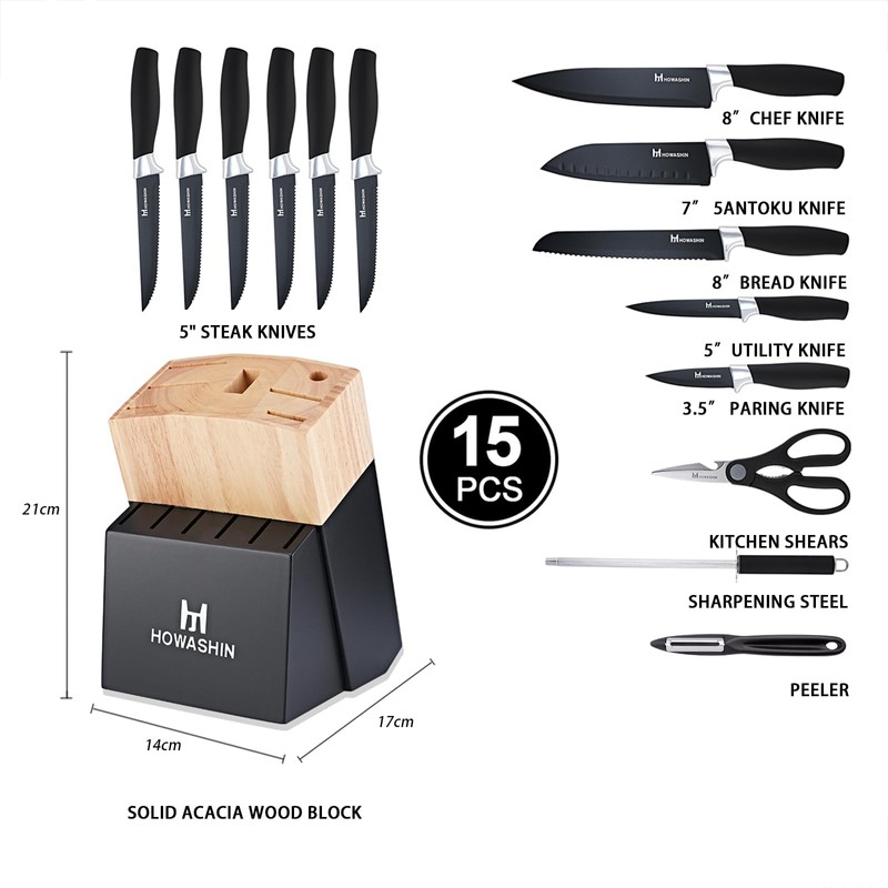 Knife Set with Block - Howashin 15 Pieces Knife Set
