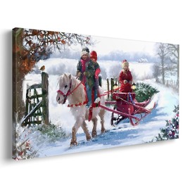 Christmas Wall Art Christmas Sleigh Ride Pictures Print Holiday Canvas Art with Pony and Children Canvas Artwork for Bedroom Living Room Winter Wall Décor 10x20inch