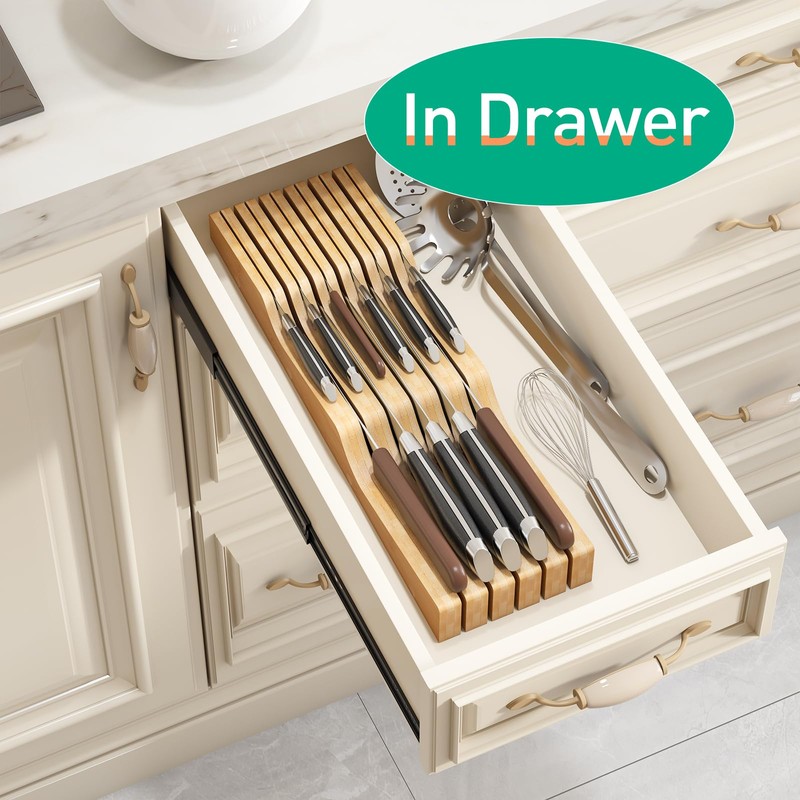 Knife Drawer Organizer Insert, Bamboo Wood Knife Holder, Knife Block