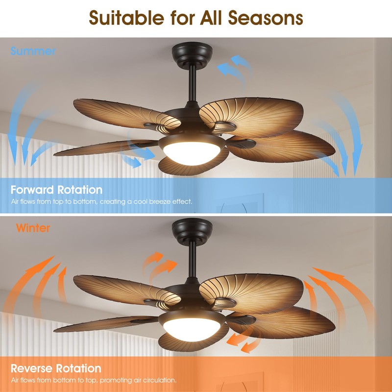 Tropical Ceiling Fans with Lights, 44 Inch Palm Leaf Outdoor