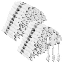 Bestluck 100 Pack Silver Plastic Silverware with Pre Rolled Napkins for 100 Guests, Heavyweight Silver Disposable Utensils Sets Includes 300 Plastic Cutlery, and 100 Napkins for Wedding & Party