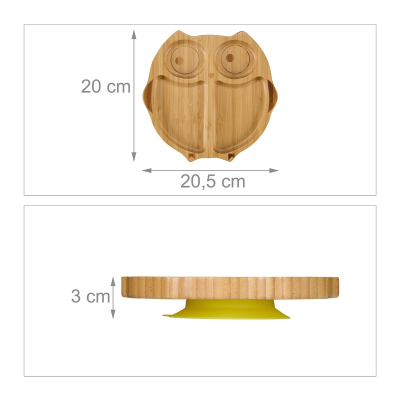 Relaxdays Bamboo Baby Plate with Suction Cup Owl Design, Non-Slip,
