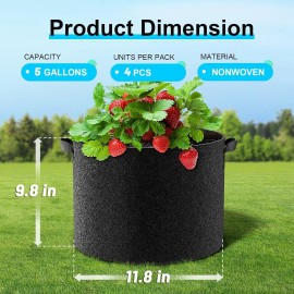 Land Guard 4-Pack Fabric Grow Bags 5 Gallon, Thickened 5 Black