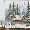 Christmas Winter Shower Curtain, Forest Snowy Deer Pine Tree Red