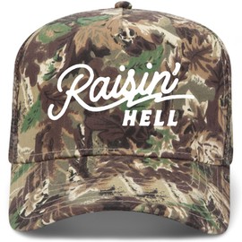 Raisin' Hell Camo Mesh Back Trucker Hat | Premium Snapback Baseball Hat for Men & Women (US, Alpha, One Size, Camo)