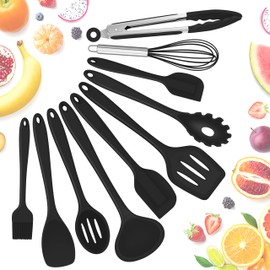 Herogo Küchenutensilien Set, 10 Stück Silikon Kochutensilien Set, kochgeschirr kochbesteck pfannenwender küchenset für Kochen Backen, Kratzfest & Hitzebeständig, Ungiftig & Spülmaschinenfest (Schwarz)
