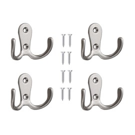 Xuamaea 4 Pcs Double Fork Vintage Coat and Hat Hook with 8 Screws,Heavy-Duty Metal Door Hook for Hanging Robes,Towels,Jackets,Shirts,Bags, and Hats-Matte Silver