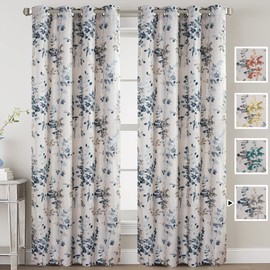 H.VERSAILTEX Linen Blackout Curtains Blue Floral 84 Inches Long Thermal Insulated Curtains for Textured Burlap Grommet Window Curtains for Living Room Bedroom, 2 Panels, Bluestone and Taupe