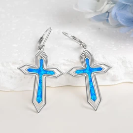 JERWLI Kreuz-Ohrringe, 925er Sterlingsilber, Opal, religiöse Ohrringe, religiöser Kreuzschmuck, Geschenk für Frauen