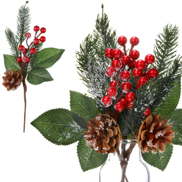12 Pieces Pine Snowy Flower Christmas Picks Red Berry Picks Artificial Holly Pine Sprays Picks Fake Berries Pine Cones for Christmas Crafts Party Festive Home Tree Decor 11 Inch Flexible Stems