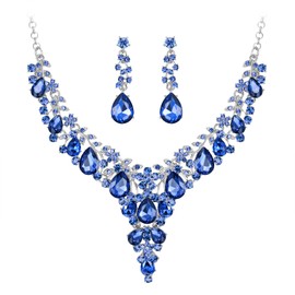 EVER FAITH Party Austrian Crystal Jewelry Set for Women, Statement Flower Teardrop Necklace Drop Dangle Earrings Navy Blue Silver-Tone