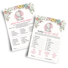 Paper Clever Party Cottage Elephant Girls Baby Shower Animal Matching and Candy Bar Match Double Sided Activity Cards 5" x 7" Pink Flowers Pack of 25