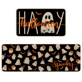 xuujdoppwul Happy Halloween Kitchen Rugs Set of 2,Spooky Ghost Kitchen Mats for Floor,Halloween Non Slip Washable Sink Laundry Rug Home Decor Doormat 17”x30”+17”x47”