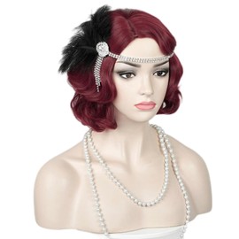 Aicos 1920s Flapper Wavy Wig with Headband Finger Wavy Vintage Wig, Side parting 1960s vintage wig curl wavy wig cosplay wig platinum wig vintage wig for lady costume wig Premium wig (Dark Red)