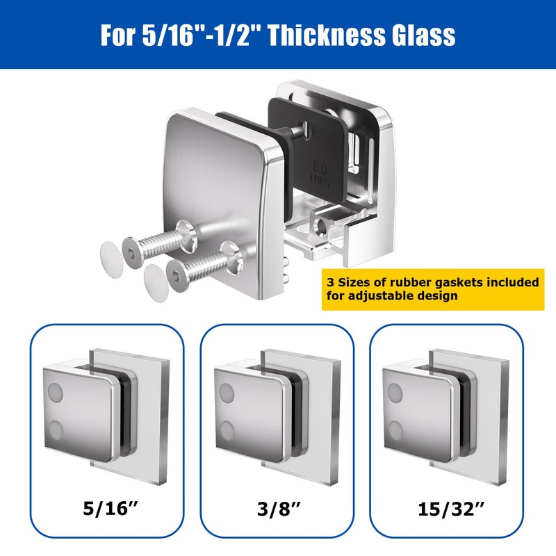 Glass Clamp,316 Stainless Steel 5/16", 3/8", 1/2" Adjustable Railing Glass
