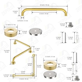 Polished Gold L-Shaped Grab Bar 16x16 Inch + Knurled Shower Grab Rail 20 Inch, Zepolu Stainless Steel Angled Toilet Safety Bar, Bathroom Mobility Aid Handrail, Balance Support Assist Bar for Senior