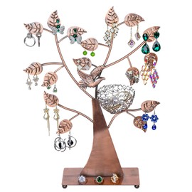MyGift 14-Inch Modern Bronze Jewelry Organizer Tree with Bird Nest – Holds 48 Earrings, Necklace & Bracelet Stand, Metal Tabletop Display for Rings, Trinkets – Decorative Storage for Home Décor
