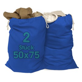 ELES VIDA® - Wäschesäcke 50x75 cm aus 100% Baumwolle - Extra große Wäschebeutel - langlebig, Mit Kordelzug, Reise Wäschesammler Wäschebox Kleidersack Aufbewahrung in (Blau, 50 x 75 | 2 Stück)