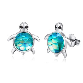 Turtle Earrings 925 Sterling Silver Sea Turtle Stud Earrings for Girls Hypoallergenic Earrings Ocean Animal Jewellery Gifts for Women Girls Children, Sterling Silver, fish scale
