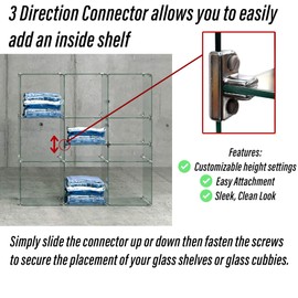STORE FIXTURES DIRECT 3-Way Glass Shelf Connectors, Chrome, 12 Pack, Metal, T-Shaped, Adjustable Height, 11 Inches Deep