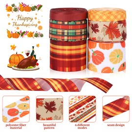 6 Rolls Thanksgiving Grosgrain Ribbon 5 Yards Leaves Pumpkin Fabric Ribbon for Sewing Multicolors Arts Crafts Woven Ribbon Set Printed Coarse Grain Satin Ribbon for Gift Wrap Sewing Application