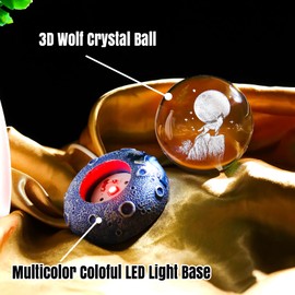 Movdyka 3D Crystal Ball Engraved Wolf and Moon with Space Lights Base Figurines Gifts for Men Him, 6cm/2.36 in. Keepsake Collectible for Wolf Lovers on Birthday Christmas Home Decor Ornaments