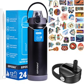 Insulated Water Bottle with Lid & Boot & Stickers, 24 oz Stainless Steel Sweat Free Bottle Keep Cold 24H, BPA-Free Sports Wide Mouth Water Bottle, Black