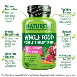 NATURELO Whole Food Multivitamin for Women - with Vitamins, Minerals, & Organic Extracts - Supplement for Energy and Heart Health - Non GMO - 240 Vegan Capsules