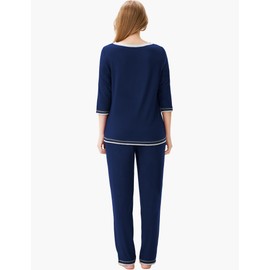 GYS - Pijama de viscosa de bambú para mujer, conjunto de pijama de manga 3/4 suave, cuello en V, para dormir, ropa de dormir, marino, Large