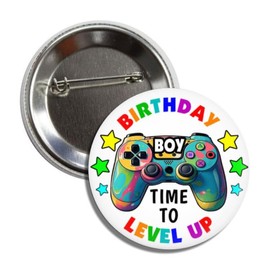 Birthday Boy Gaming Pin Button, Time to Level Up Design, 2.25 Inches, Video Game Controller